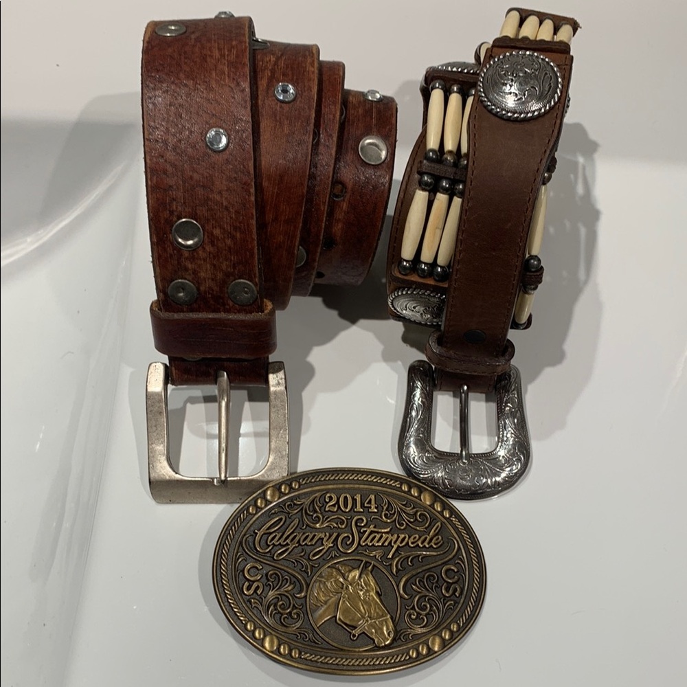 Calgary Stampede 2014 Buckle with 2 Brown Leather Belts with Silver Buckles
